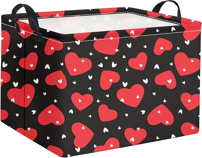 HIYAGON Rectangular Valentines Basket Fabric Storage Bin Storage Boxes Collapsible Storage Basket for Clothes Books Shelves Basket(Black Red Heart)