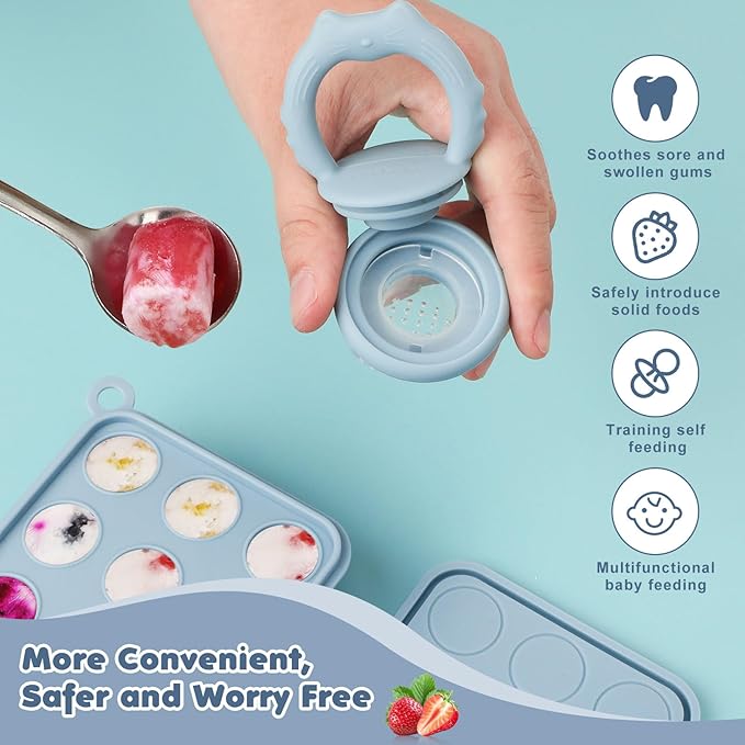 Baby Fruit Food Feeder Breastmilk Popsicle Molds, Silicone Food Freezer Tray for Cooling Teething Relief, Baby Food Feeder for Safe Infant Self Feeding, Includes 3 Extra Food Pacifier