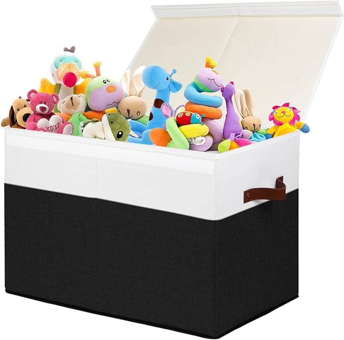 Gowee Large Toy Storage Box with Lid, Sturdy Toys Storage Chest Bin Organizer Basket with Dividers for Kids, Boys, Girls, Nursery, Closet, Bedroom, Playroom 25"x13" x16" (Black and White)