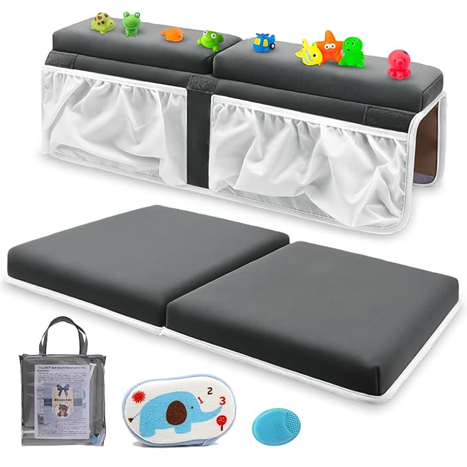 Bath Kneeler and Elbow Rest Set Baby Bath Kneeling Pad, Thick Non-Slip Bathing Kneeling Mat Cushion Quick Drying Bathtub Knee Saver with Arm Support and Pockets for Bathroom Bathing Time Comfort