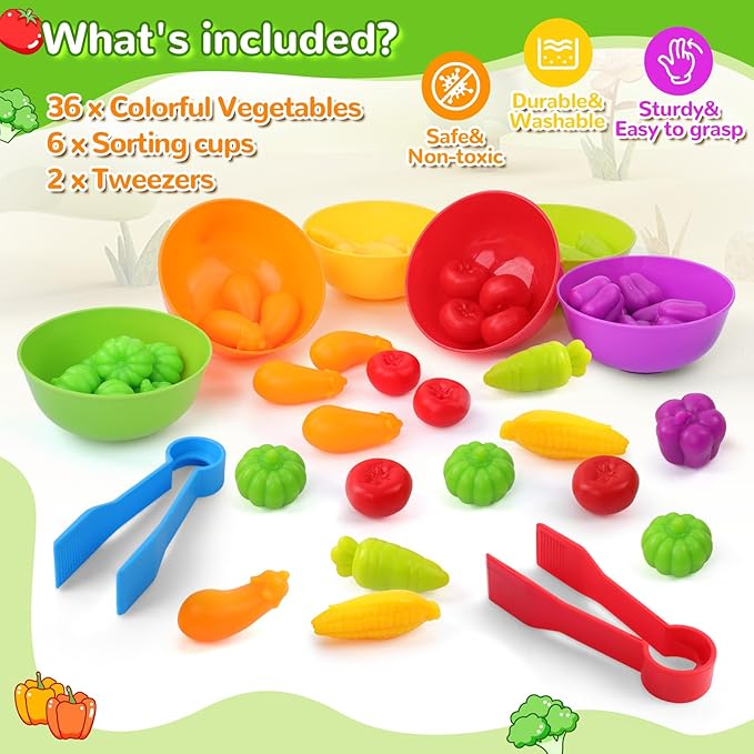 USATDD Counting Vegetables Color Sorting Matching Games with Bowls Preschool Learning Activities for Educational Sensory Montessori STEM Toy Sets for Toddlers Kids Boys Girls Aged 3-5