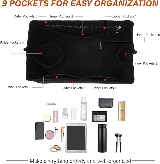 Premium Felt Purse Organizer Insert for Longchamp Le Pliage S, Zipper Long Champ Bag Organizer Insert with Cup Holder, 9 Compartments(Beige, Small)