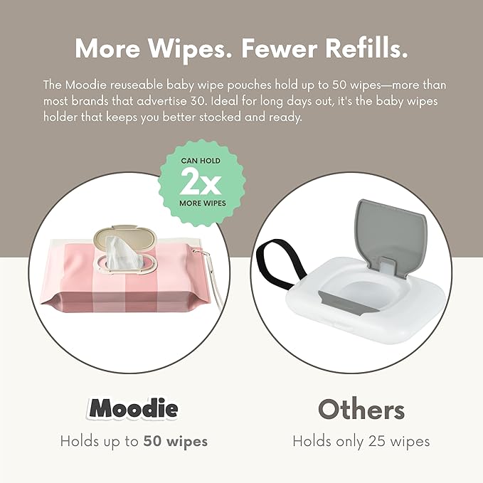 Moodie NEW 3 PACK Baby Wipes Holder | Refillable Wipes Container w/DOUBLE-LOCK SEAL |Travel Wipe Case | Portable Wipe Dispenser for Diaper Bag w Silicone Strap | Reusable Wipes Pouch (ROSIE PINK)