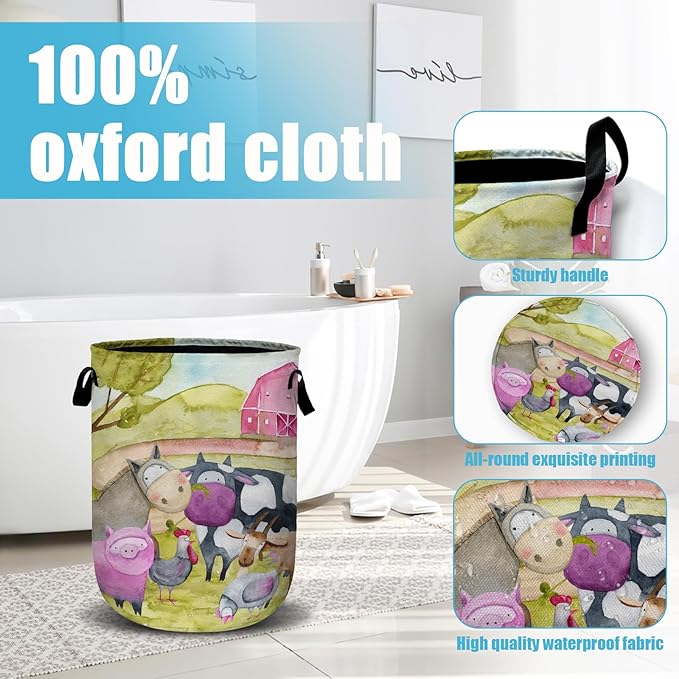 Watercolor Farm Animal Laundry Basket, Laundry Hamper Collapsible Oxford Cloth with Handle Clothes Toy Storage Bin for Bathroom Laundry Room Bedroom 15.7 X 20 Inch