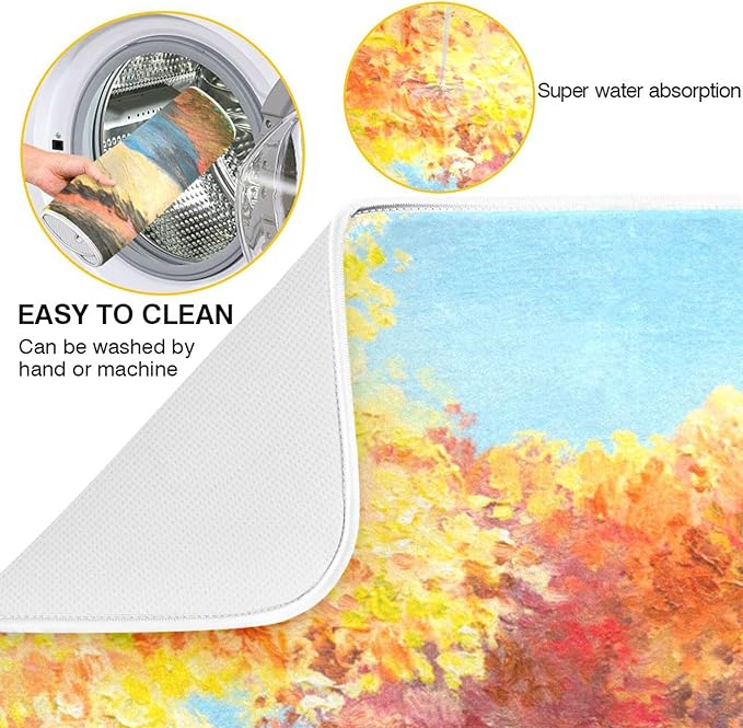 Absorbent Dish Drying Mat for Kitchen Counter - Forest Oil Painting Autumn Microfiber Drying Pad, Reversible Drainer Mats for Countertop, Small 16" x 18"