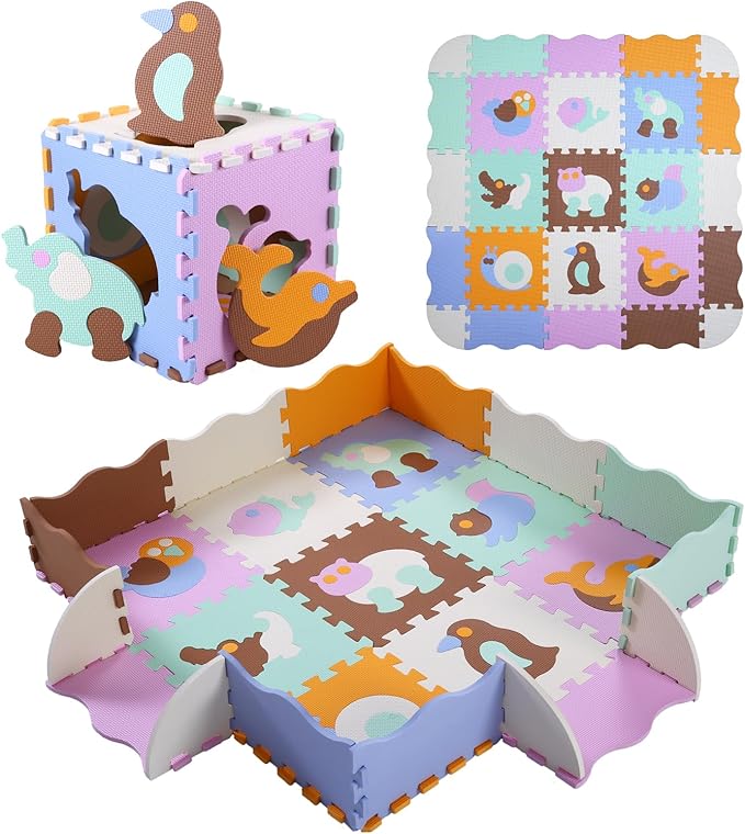 Tamiplay Foam Play Mat for Kids，25Pcs Square Interlocking Puzzle Floor Mat，Baby Play Mat Floor Mat Foam Puzzle Playmat for Toddlers with Fence（Animal-CSH007