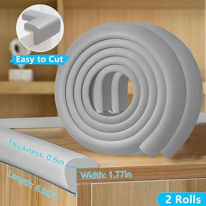 Baby Proofing Edge Corner Protector,2 Roll Grey L-Shape Soft Cabinet Door Bumper Corner Strip,Safety Bumper Corner Guards,Wall Protector,Self Adhesive,for Nursery,Kitchen,Fireplace,Table