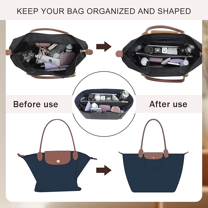 Doxo NEW Purse Organizer Insert for Longchamp LePliage Large,Fixed Handle, Bag Shaper with Key Leash& 16 Compartments, Upgraded Elastic Cup Holder(Black&Blue, L)