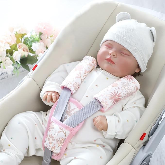 WINGHENLEE Baby Car Seat Strap Pads Suit, 3 Pieces Soft Car Seat Strap Shoulder Covers for Baby Infant Toddler, Double-Sided Car Seat Belt Covers for Stroller, Pushchair, Baby Swing, Pink Floral