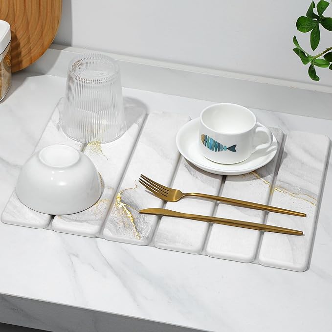 Small Stone Dish Drying Mat for Kitchen Counter, 2 PCS 16"×12" & 8"x4" Quick Dry Stone Mats, Foldable Water Absorbing Diatomaceous Earth Drying Dish Pad for Countertop Bottles Utensils Cup(Gold White)