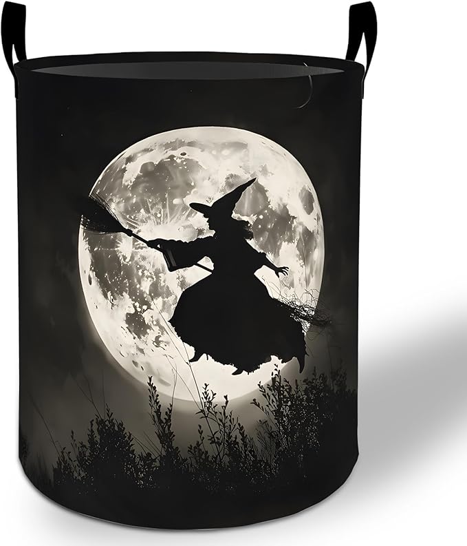 Halloween Witch Laundry Basket Hamper 19.7"x15.8", Goth Moon Foldable Waterproof Oxford Clothes Storage Bucket for Room Bathroom Bedroom Nursery Decor, Toy Organizer Bins Gifts for Kids Boys Girls