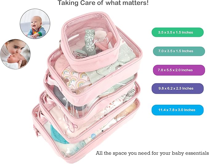 Llama Bella 5 Piece Diaper Bag Organizer Pouch Set, Clear with Straps and Pacifier Case - Pink