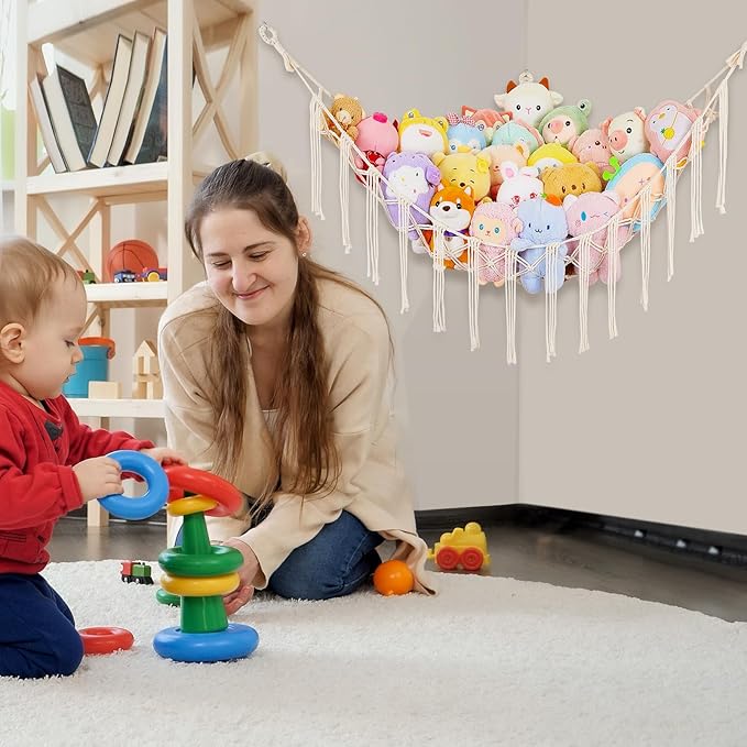 Basumee Stuffed Animals Net or Hammock with LED Light, Hanging Stuffed Animals Storage Toy Hammock Net Corner Wall Girls Room Decor Toy Storage Organizer, White, L