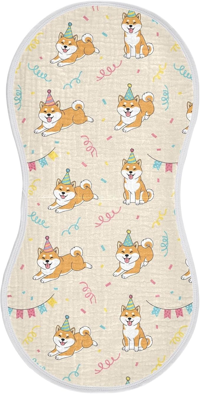 Qinllo 1 Pack Muslin Burp Cloths Shiba Dogs Party Beige Cotton Baby Burp Cloths Soft Burping Cloth Absorbent Spit Up Rags for Newborn Babies 22x11 Inch