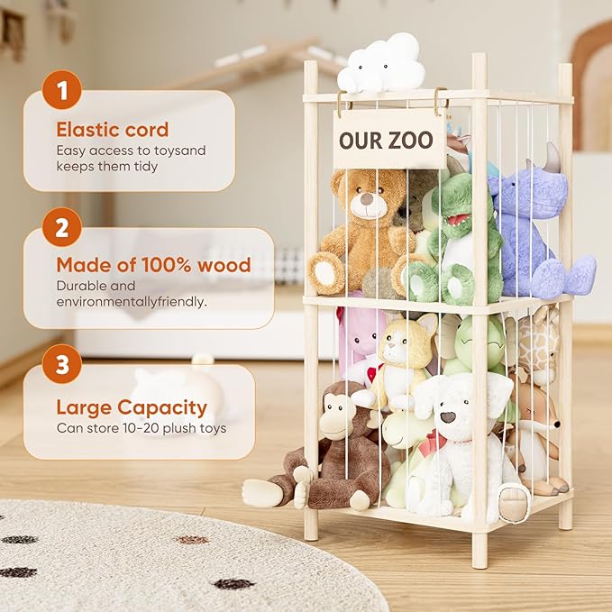 Dayacoco Stuffed Animal Storage, 2 Layer Wood Stuffed Animal Organizer Zoo, Toy Stuffy Storage Bin with Elastic Band and Net for Nursery Play Room Bedroom (Pine Wood)