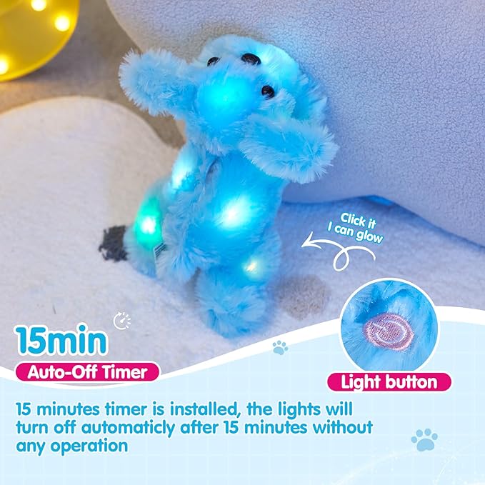 WEWILL 10'' Light up Blue Puppy Dog LED Stuffed Animal with Colorful Night Light Glow Soft Plush Toy Gifts for Kids on Christmas Birthday
