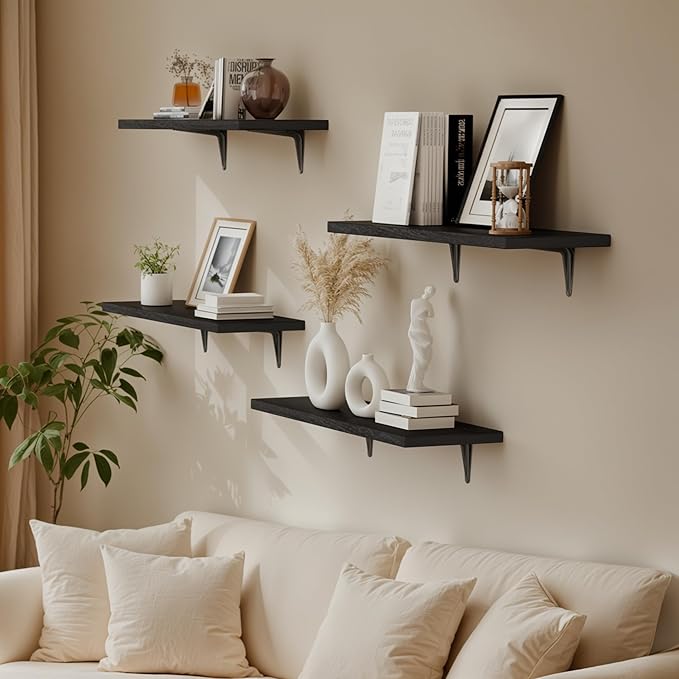 SKYSEN Floating Shelves for Wall Set of 6, 23.6in Wood Wall Shelf for Decor, Bathroom, Bedroom, Storage, Book,Kitchen, Living Room - Black(fs-60-b)