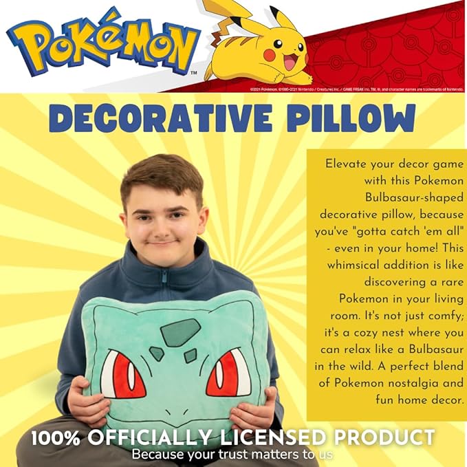 Pokemon Bulbasaur Decorative Plush Pillow – Anime Bedding Accent for Kids – Super Soft, One Size – (Officially Licensed Product) by Franco