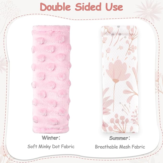 WINGHENLEE Baby Car Seat Strap Pads Suit, 3 Pieces Soft Car Seat Strap Shoulder Covers for Baby Infant Toddler, Double-Sided Car Seat Belt Covers for Stroller, Pushchair, Baby Swing, Pink Floral