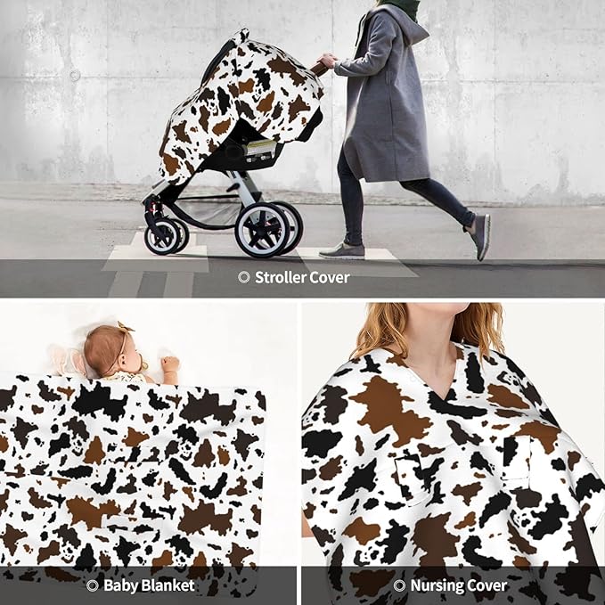 Cow Print Car Seat Cover Baby Stuff Western Infant Carseat Covers Baby Girl Highland Car Seat Canopy Boy Winter Multi Use Nursing Cover for Newborn Carseat Canopy Nursing Covers Newborn Shower Gift