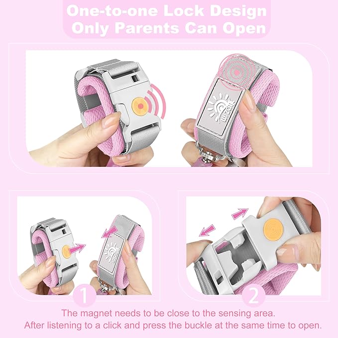 Anti Lost Wrist Link,Toddler Harness Walking Leash with Induction Lock,Reflective Child Wrist Leashes for Baby,6.56ft Kids Leash for Supermarket Mall Airport Amusement Park Zoo Travel（Pink）