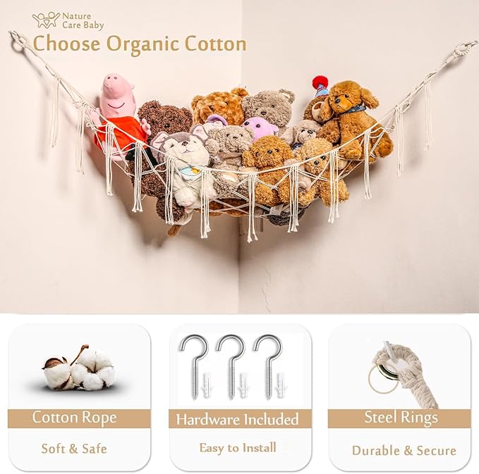 YKBU Stuffed Animals Hammock Corner Hanging Net Macrame Stuffed Animal Storage Plush Toy Holder Toy Organizer for Boho Nursery Playroom Bedroom Kids Room (cream, M)