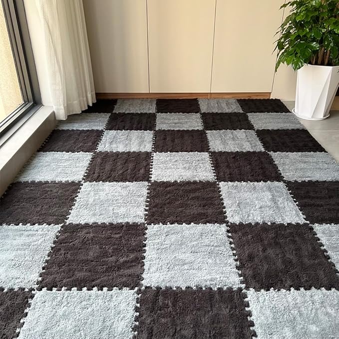 12pcs Carpet Squares Puzzle Floor Mat, Plush Interlocking Carpet Tiles, Anti Slip EVA Foam Jigsaw Floor Tiles, Build A Safe Area for Bedroom Playroom (Grey+Black)