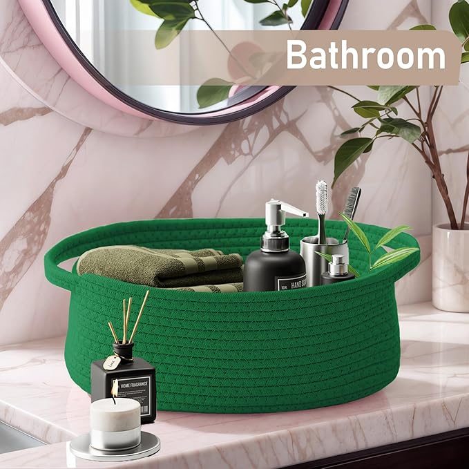 JMvicyroam Woven Basket,Small Rope Storage Bin with Handles & Ribbon Bag, Organizer for Shelves Closets,Gift Basket Empty for Birthday,Books,Dog Toys, Green