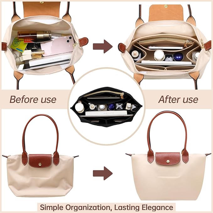 OPPOSHE Purse Organizer Insert for Longchamp Le Pliage, Premium Felt Long Champ Bag Handbag Women, Tote Organizer Insert with 6 Compartments (Small, Black)