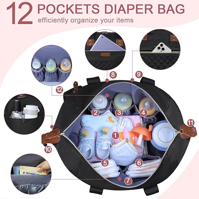 Pritent Diaper Bag Tote, Diaper Baby Bags with Pacifier Case, Shoulder Straps, Stroller Clips, Waterproof Large Mommy Maternity Travel Baby Tote for Mom and Dad, black