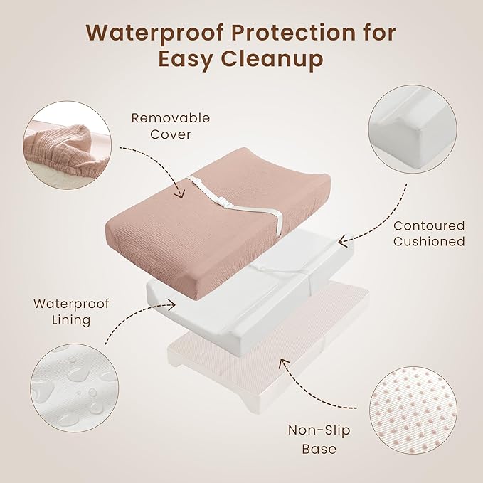 Konssy Muslin Changing Pad with Waterproof Lining Foam, Includes 2 Pack Soft & Cotton Cover, Baby Diaper Changing Pad for Dresser or Table, 32x16 inches (Vintage Petals, Taupe)