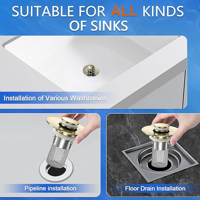 Sink Stopper Hair Catcher,(4PCS) Pop-up Sink Drain Strainer with Removable Stainless Steel Strainer Basket Hair Catcher, Bathroom Sink Strainer for Bathroom Sink Stopper Replacement (4, Brushed Gold)