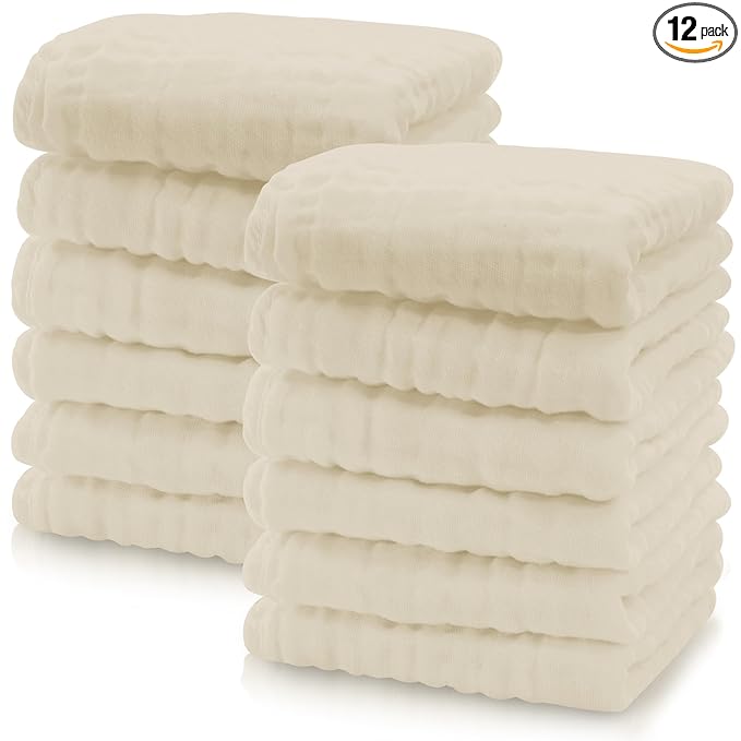 Cute Castle 12 Pack Muslin Baby Washcloths - Large 12'' by 12'' - Ultra Soft 100% Cotton - Super Absorbent Burp Cloths for Unisex, Boy, Girl -Ivory