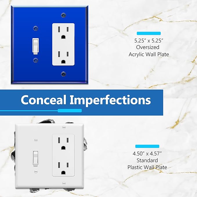 LIDER Reflective Acrylic Combination Wall Plate, Mirrored Double Switch Plate, Combo Toggle Switch and Decorator Outlet Cover, Acrylic Glass, Oversized 2-Gang 5.25" x 5.25", LWP-1131O-ABL, Blue