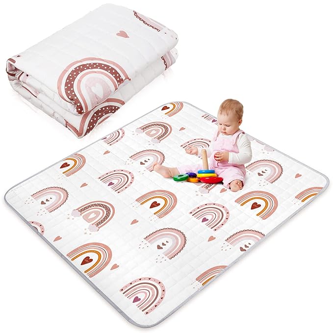 Funtery 43 x 43 Inch Boho Baby Play Mat Portable Crawling Washable Foldable Tummy Time Non Slip Baby Floor Large Playpen Mat for Infants Toddlers Floor Playpen Activity(Boho Rainbow)