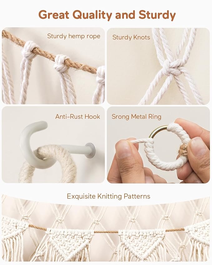 Boho Macrame Stuffed Animal Hammock with LED Lights – Large Wall Hanging Plushie Net, Corner Toy Organizer for Kids Bedroom, Nursery, Playroom & Dorm (White XXL)