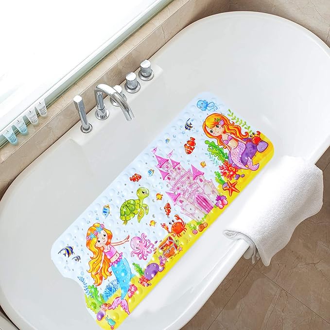 Non Slip Bath Mat for Inside Bath for Kids Girls and Boys, Cartoon Sea Animal Bathtub Mat Shower Mat, Bathroom Mat Anti Slip with Suction Cup Machine Washable Long 40 X 16 Inch, 100 x 40cm - Mermaid
