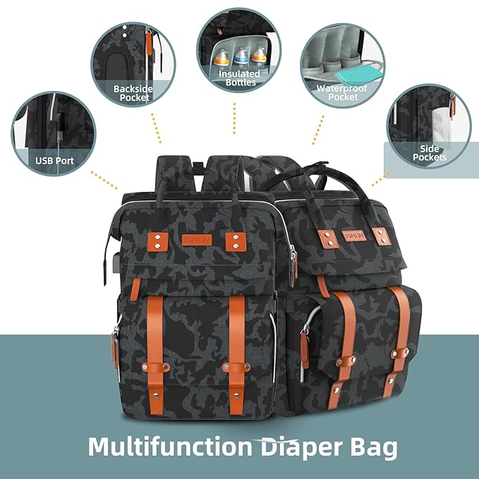 ISMGN Diaper Bag Backpack with Changing Station, Large Diaper Bag, Baby Bag, Multifunctional Diaper Bag, CAMO