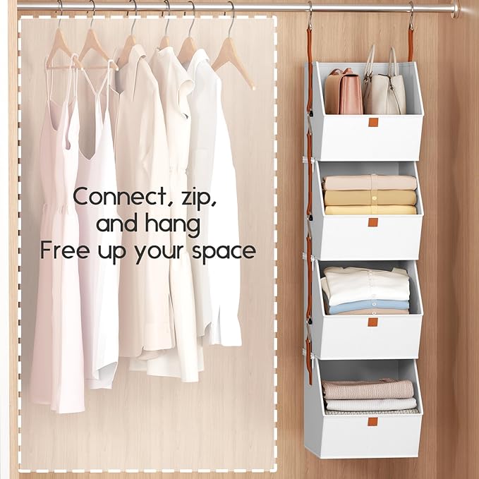 Homsorout Hanging Closet Organizer 4 Tier - Clothes Hanging Shelves, Space-Saving Closet System, Fabric Storage Bins Bedroom Organization, Collapsible Baskets for Home, Dorm, Rv, White, 2 Pack