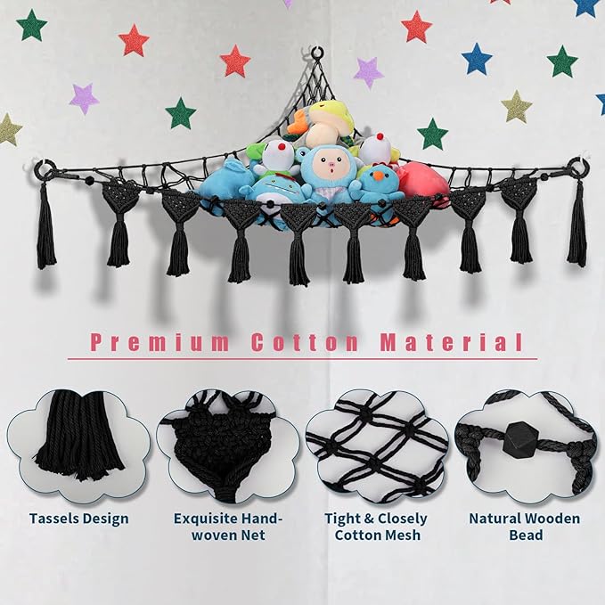 Stuffed Animal Storage Hammock, 56'' Jumbo Boho Macrame Tassels Corner Toy Holder Wall Hanging Net Organizer for Nursery Teddy Plushie, Black Plush Toy Net with Star Light for Boys Girls Gift