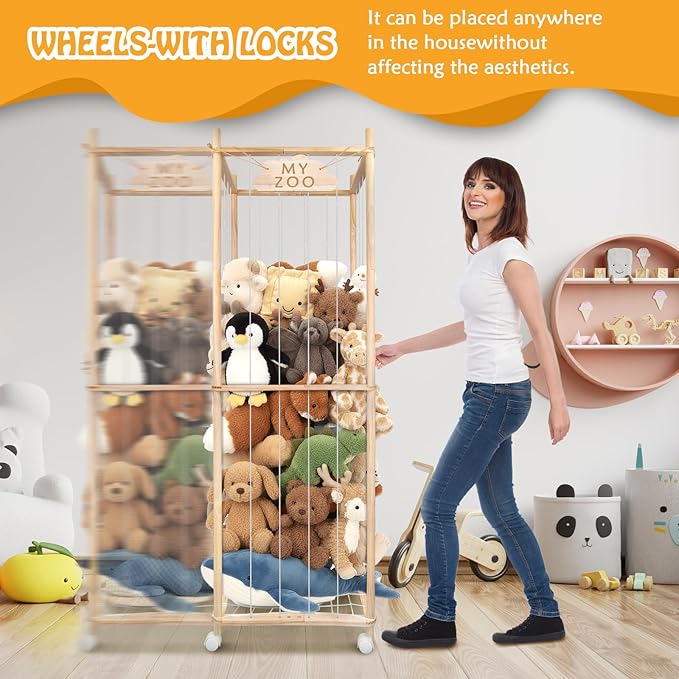 BETBEM Stuffed Animal Storage Zoo with Wheels, 64" Wooden Large Stuff Animals Plushies Holder Toy Organizer Kids Plush Storage Cage with Elastic Band and Net for Nursery Playroom Corner for Toddler
