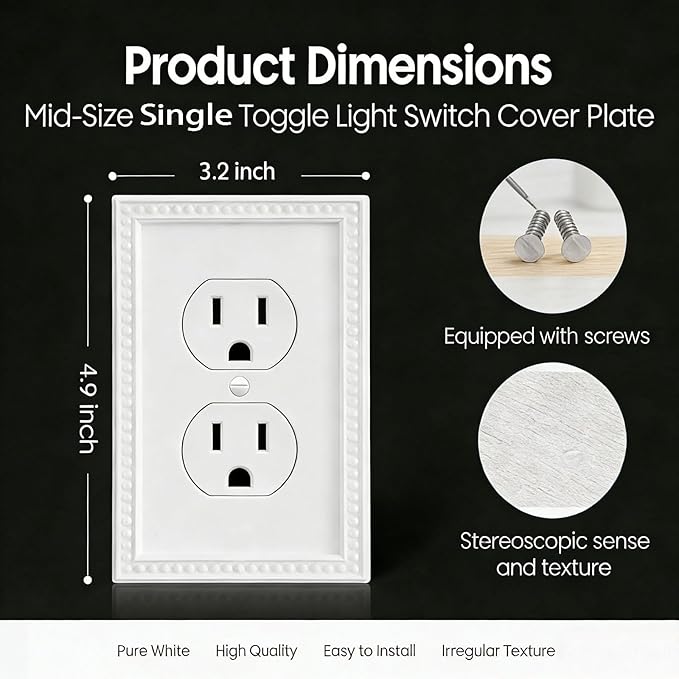 20 Pack Mid-Size Duplex Wall Plates 1-Gang Switch Outlet Electrical Cover Plate Unbreakable Thermoplastic Faceplate for Light Receptacle Outlet Switch, Classic Beaded Relief Design, White