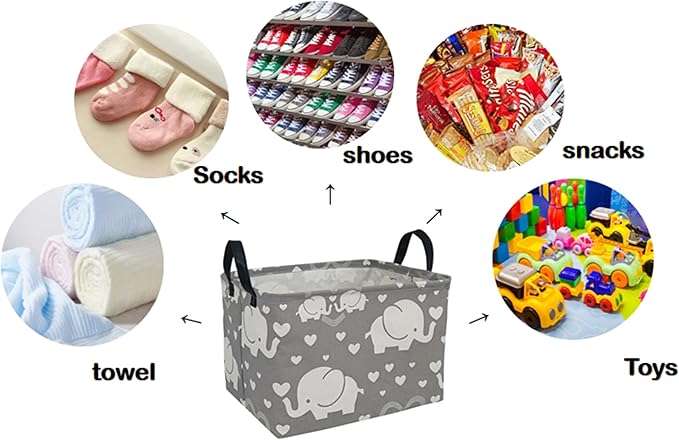 DUYIY Rectangle Gift Storage Basket Home Shelf Storage Basket Organizer Box Clothes Laundry Hamper Nursery Basket Laundry Basket with Handles (love elephant)