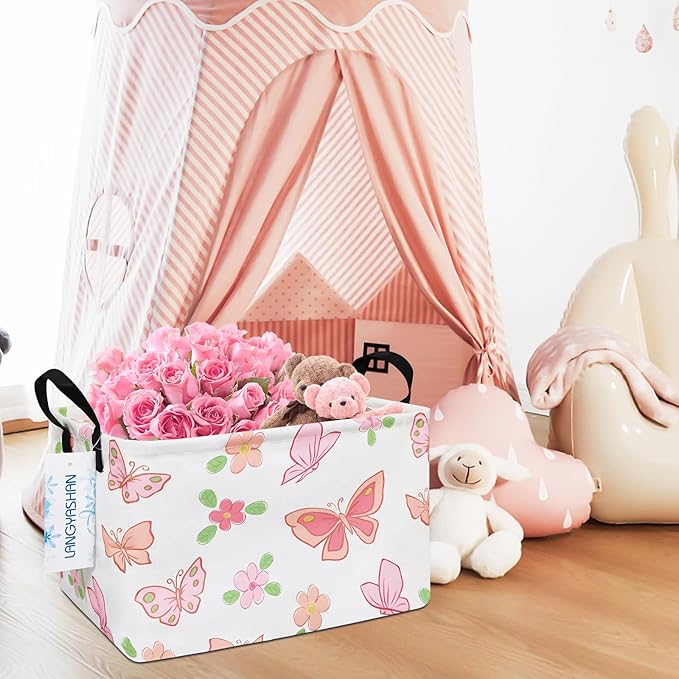 LANGYASHAN Rectangular Storage Bin Collapse Canvas Fabric Cartoon Storage Basket with Handles for Organizing Home Kitchen Boys and Girls Toys Office Closet Shelf Baskets (Rec Pink Butterfly)