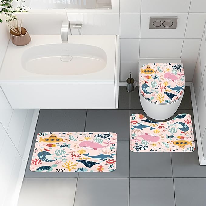 4 PCS Pink Kids Bathroom Set Summer Ocean 72Wx72H Shower Curtain Set Bath Rug Toilet Lid Cover, Nonslip U Shape Mat Whale Funny Cartoon Cute Animal Accessories 12 Hooks Bathroom Decor