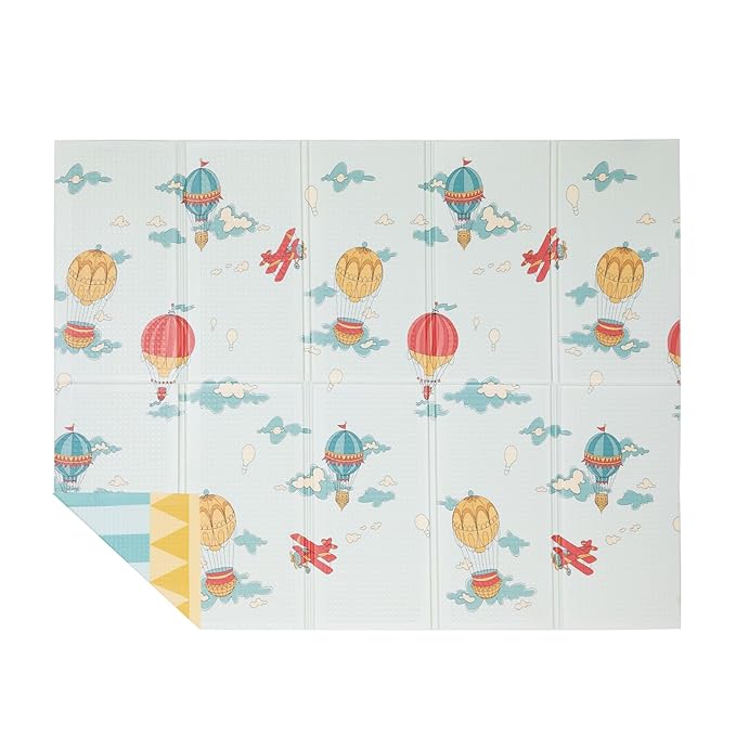 Nuby Reversible Baby Floor Mat - Foldable and Lightweight Foam Infant Play Mat - 77" x 58" - Easy Storage and Travel - Hot Air Balloons/Stripes