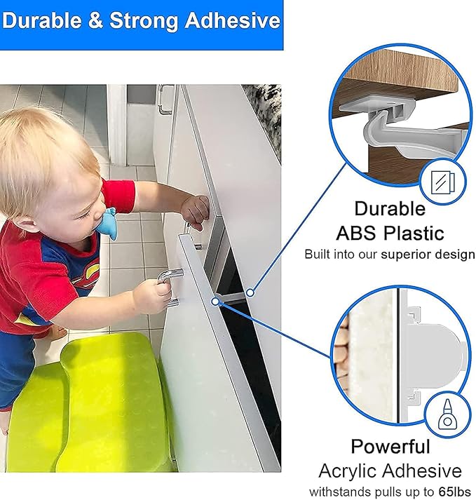10 Pack Upgraded Invisible Baby Proofing Cabinet Latch Locks - No Drilling or Tools Required, Children Proof Cupboard Drawers Latches, Works with Most Cabinets and Drawers - Adhesive Easy Installation