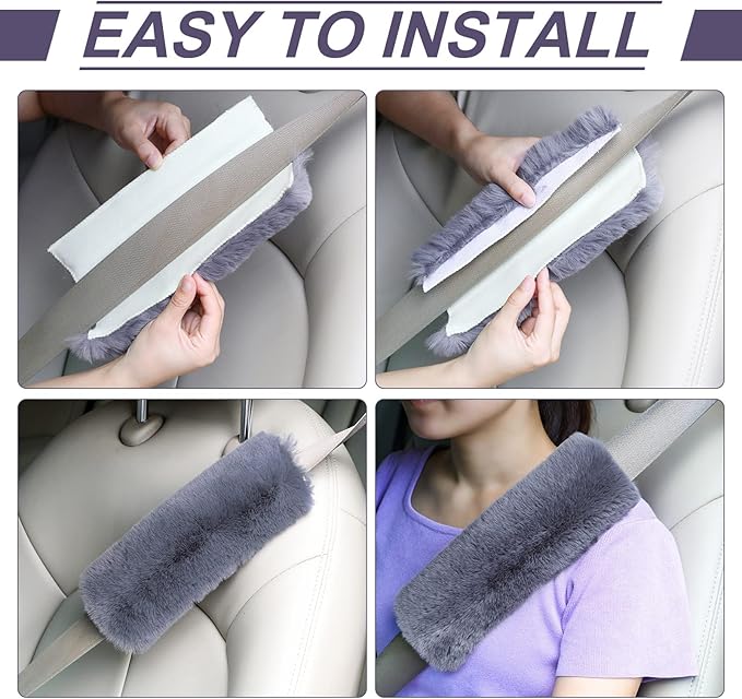 Boao 4 Pack Faux Sheepskin Car Seat Belt Pads Seatbelt Protector Soft Seat Belt Shoulder Strap Cover Comfort Harness Pad(Dark Gray, 9.9 Inch)