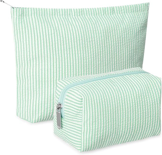 2 Pcs Makeup Bag Set Cute Cosmetic Pouch for Women Seersucker Travel Toiletry Bag Preppy Small Makeup Purse Pouch Aesthetic Skincare Brushes Storage Organizer for Valentine Women(Green)
