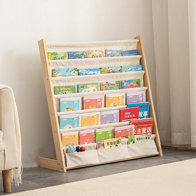 CYMFBSFBU 7 Tier Wooden Kids Bookshelf Book Holder Natural Wood Book Rack Storage Bookshelf for Kids Room Study Room Play Room Toy Storage Organizer (W: 29.52")
